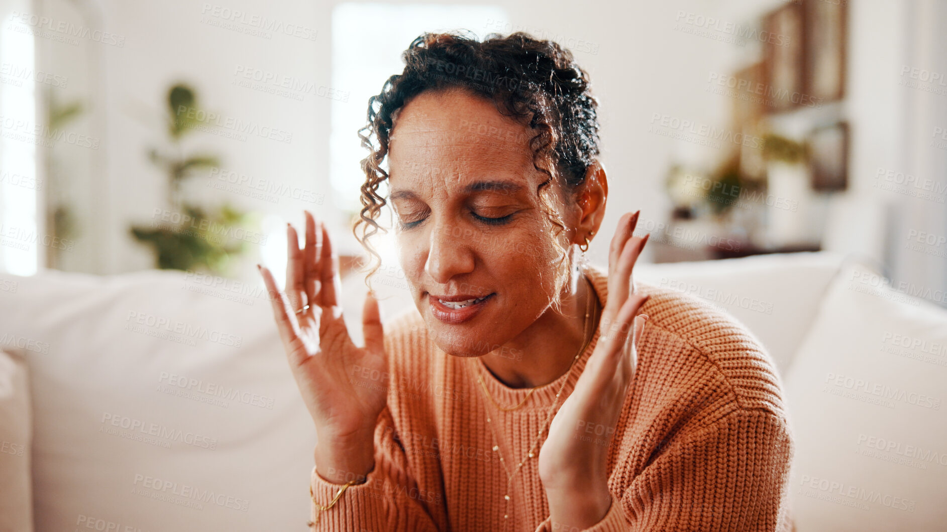 Buy stock photo Frustrated, woman and headache with stress on sofa for irritation, anger or emotional breakdown. Female person, upset or ignore with migraine, anxiety or flare with noise or conflict in house
