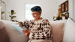 Relax, woman and happy with tablet on sofa for ebook subscription, web novel and download. Digital library, mature person and smile with tech in house for chapter release, reading app and streaming