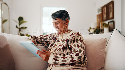 Buy stock photo Relax, woman and happy with tablet on sofa for ebook subscription, web novel and download. Digital library, mature person and smile with tech in house for chapter release, reading app and streaming