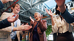 Business people, team and excited with applause in lobby for motivation, success and goals at office. Management, group and meeting with communication, clapping and announcement at creative agency