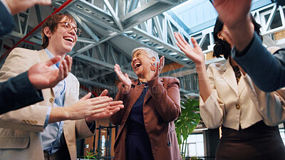 Buy stock photo Business people, team and excited with applause in lobby for motivation, success and goals at office. Management, group and meeting with communication, clapping and announcement at creative agency