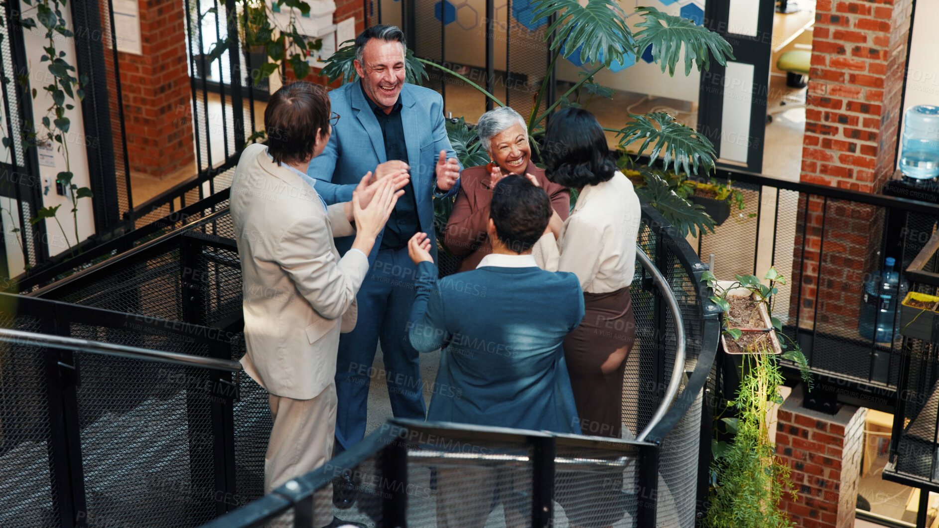 Buy stock photo Business people, above and excited with applause on stairs for motivation, success and goals at office. Steps, group and meeting with communication, clapping and announcement at creative agency