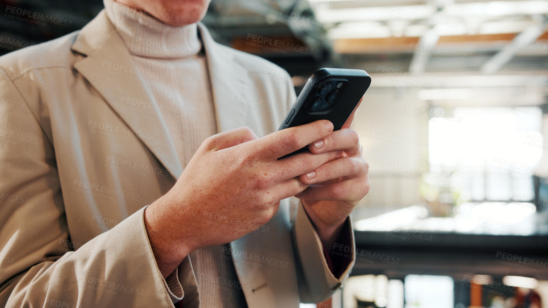Buy stock photo Hands, phone and business person in office for insurance email, claims update or online connection. Mobile, company and advisor with app for policy premium, financial coverage and text message