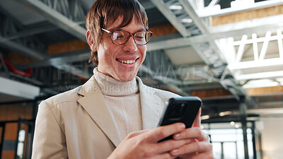 Buy stock photo Smile, phone and business man in office for insurance email, claims update or online connection. Mobile, happy advisor and person with app for policy premium, coverage approval and feedback at work