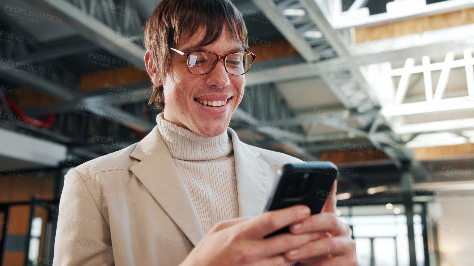 Buy stock photo Smile, phone and business man in office for insurance email, claims update or online connection. Mobile, happy advisor and person with app for policy premium, coverage approval and feedback at work