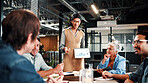Woman, team and presentation in office with tablet screen, data analysis or pitch for revenue growth. People, meeting and discussion in business with tech, finance graphs or stats forecast for income
