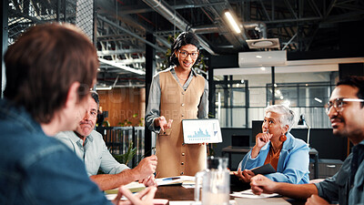 Buy stock photo Woman, team and presentation in office with tablet screen, data analysis or pitch for revenue growth. People, meeting and discussion in business with tech, finance graphs or stats forecast for income