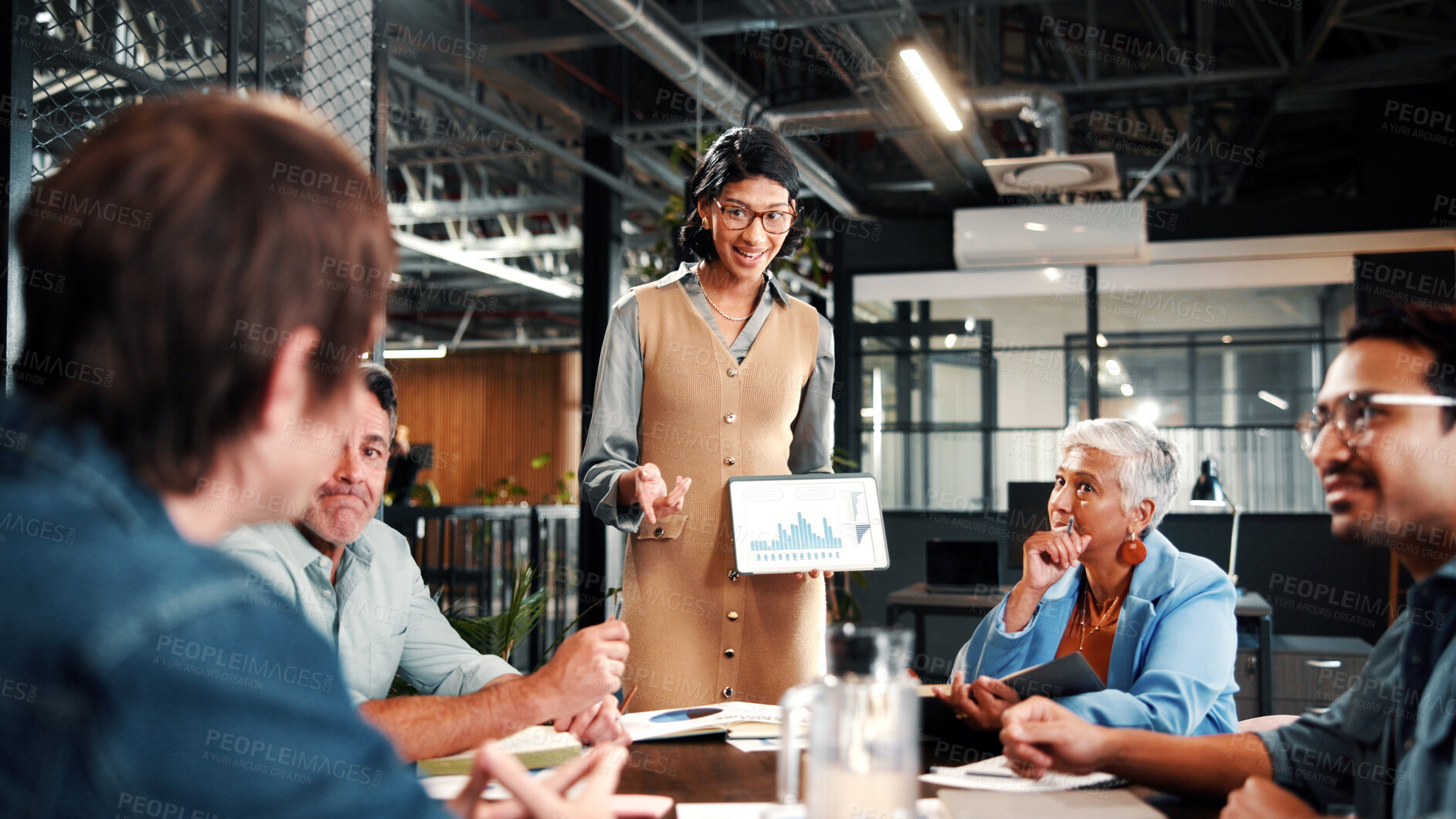 Buy stock photo Woman, team and presentation in office with tablet screen, data analysis or pitch for revenue growth. People, meeting and discussion in business with tech, finance graphs or stats forecast for income