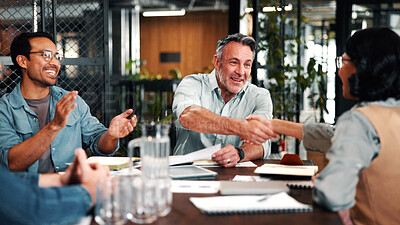 Buy stock photo Handshake, applause and business people in office for discussion, collaboration or congratulations. Happy, clapping and corporate employees shaking hands with client for b2b merger in workplace.