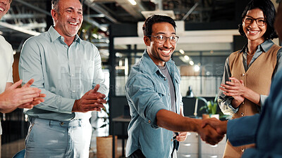 Buy stock photo Handshake, clapping and business people in office for meeting, collaboration or congratulations. Happy, applause and corporate employees shaking hands with client for b2b merger in workplace.