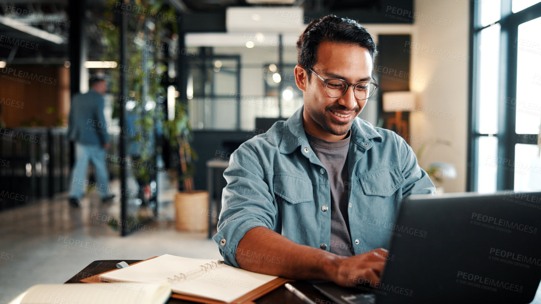 Buy stock photo Typing, online and happy man with laptop in office, graphic designer or plan for project with info. Creative, review and person with glasses, assignment and design research with tech in business