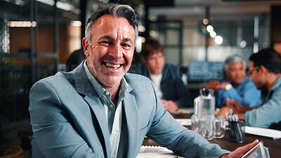 Buy stock photo Happy, portrait and businessman with tablet in meeting, leadership and financial planning with info. Wealth manager, laughing and mature person with team in boardroom, online and research with tech