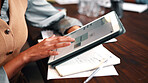 Online, research and hands with tablet screen in office, brand awareness or planning for ad campaign. Creative, social media manager and person with tech for assignment, digital marketing and info