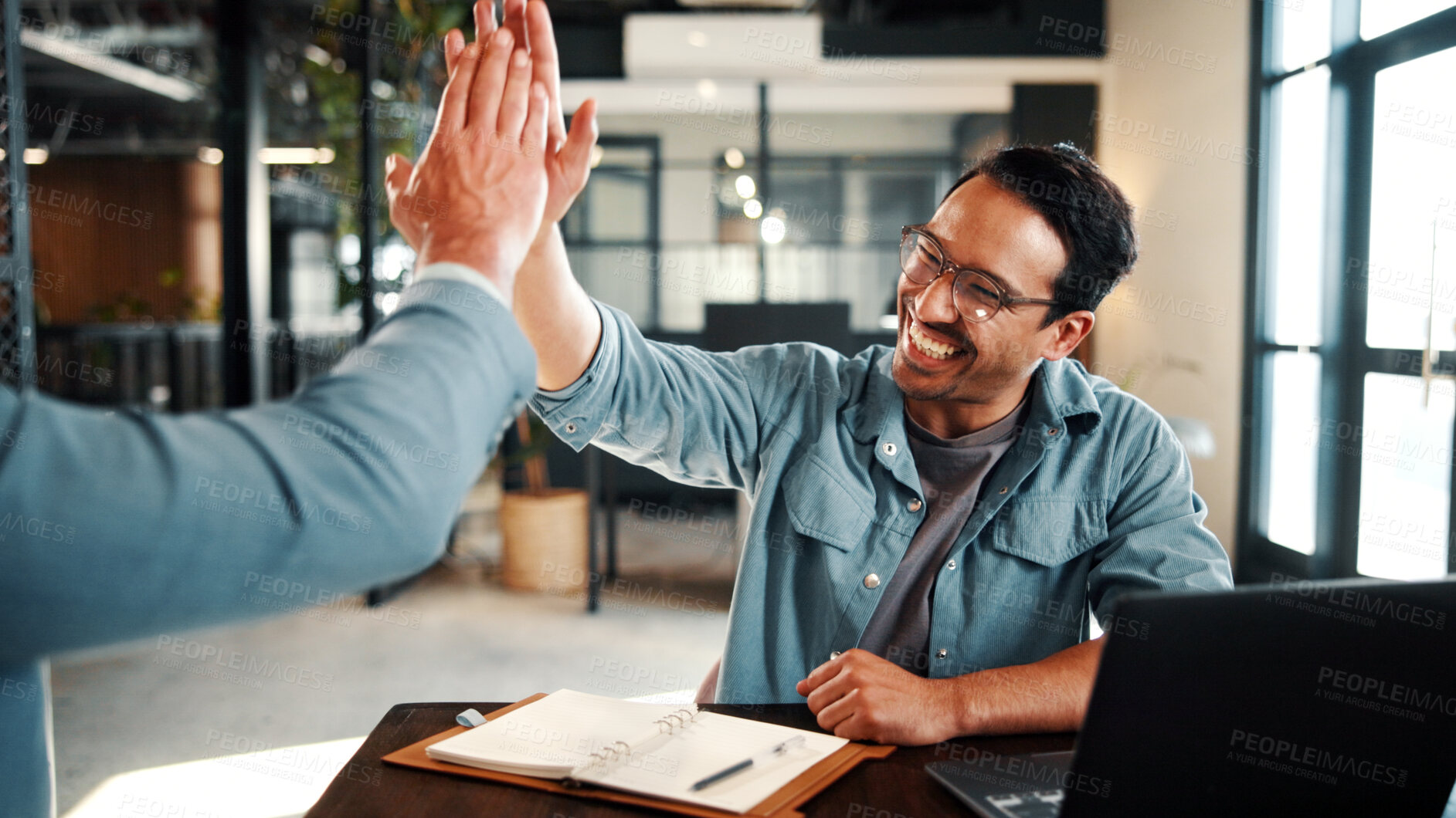 Buy stock photo High five, meeting and business people with notebook for review, planning and smile. Office, celebration and man with laptop for welcome, b2b success and collaboration for proposal or negotiation