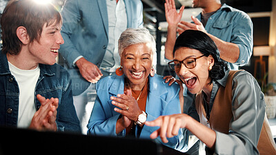 Buy stock photo Applause, laptop and business people with smile for meeting, agreement or profit. Office, excited and manager with tech for clapping, b2b success and collaboration for proposal deal and achievement