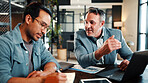 People, writing and talk in office with laptop, data analysis and manager advice for revenue growth. Men, discussion and computer in business with graphs, finance stats notes and forecast for income.