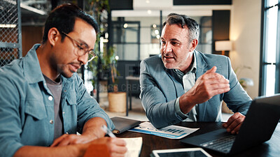 Buy stock photo People, writing and talk in office with laptop, data analysis and manager advice for revenue growth. Men, discussion and computer in business with graphs, finance stats notes and forecast for income.