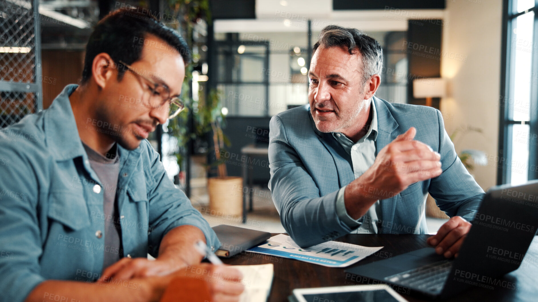 Buy stock photo People, writing and talk in office with laptop, data analysis and manager advice for revenue growth. Men, discussion and computer in business with graphs, finance stats notes and forecast for income.