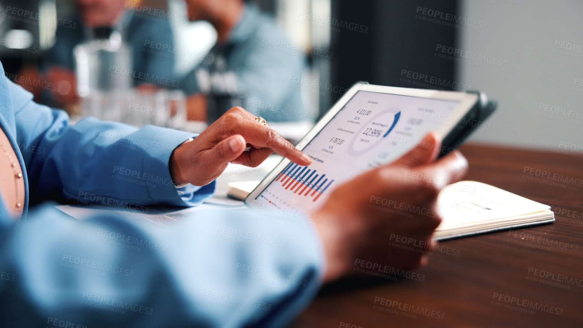 Buy stock photo Data analysis, point and hands with tablet screen in office, performance review and research on web. Business, financial analyst and person with tech for investment update, graphs and budget report
