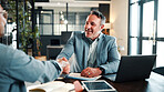 Handshake, meeting and business men in office for finance deal, partnership and negotiation. Discussion, happy and financial manager shaking hands with client for investment contract in workplace.