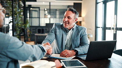 Buy stock photo Handshake, meeting and business men in office for finance deal, partnership and negotiation. Discussion, happy and financial manager shaking hands with client for investment contract in workplace.