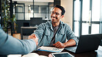Handshake, meeting and business people with document for review, planning and graphs. Office, shaking hands and man with laptop for welcome, b2b budget and collaboration for proposal or negotiation