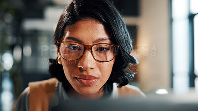 Buy stock photo Research, glasses and businesswoman with laptop in office, lawyer and plan for trial with legal info. Attorney, reading and person with tech, online and hearing preparation on website in law firm