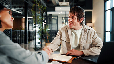 Buy stock photo Business people, shaking hands and welcome with laptop for hiring, thank you or recruiting in office. Human resources, man and handshake with smile, technology and team onboarding with meeting