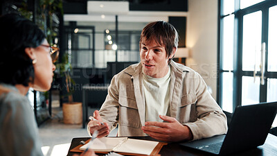 Buy stock photo Creative, talking and business people in office for planning, marketing campaign and project ideas. Team, collaboration and man with woman for feedback, strategy and proposal for brand promotion