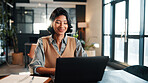 Online, research and businesswoman with laptop in office, lawyer and plan for trial with legal info. Corporate, attorney and happy person with tech, typing and hearing preparation on web in law firm