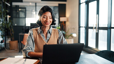 Buy stock photo Online, research and businesswoman with laptop in office, lawyer and plan for trial with legal info. Corporate, attorney and happy person with tech, typing and hearing preparation on web in law firm