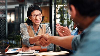 Buy stock photo Handshake, celebration and business people in office for meeting, collaboration or congratulations. Happy, clapping and corporate employees shaking hands with client for b2b merger in workplace.