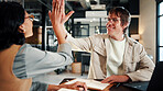 Business people, high five and congratulations with laptop for hiring, celebration or recruiting in office. Human resources, man and success with smile, technology and team onboarding with meeting