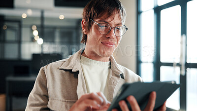 Buy stock photo Online, research and man with tablet screen in office, brand awareness and planning for ad campaign. Creative, social media manager and person with tech for assignment, digital marketing and info