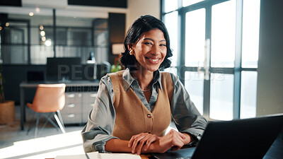 Buy stock photo Happy, portrait and businesswoman with laptop in office, lawyer or planning for trial with research. Corporate, attorney and person with tech, smile and hearing preparation with info in law firm