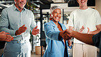 Handshake, applause and business people in office for meeting, collaboration or congratulations. Happy, clapping and corporate employees shaking hands with client for b2b merger in workplace.