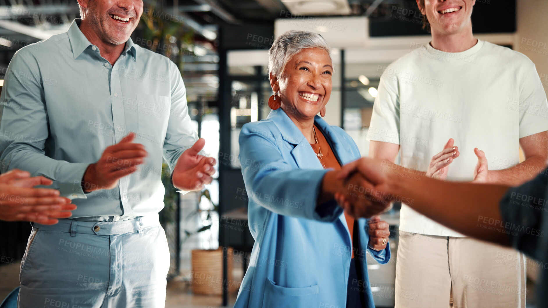 Buy stock photo Handshake, applause and business people in office for meeting, collaboration or congratulations. Happy, clapping and corporate employees shaking hands with client for b2b merger in workplace.