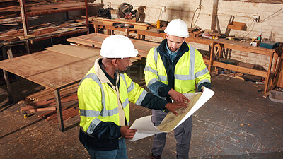 Buy stock photo Planning, blueprint and men in warehouse for woodwork, manufacturing and artisan contractor. Furniture, production and carpenter people in joinery factory with paperwork for workshop inspection