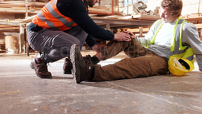 Buy stock photo Carpenter, help and man with leg injury in factory, safety failure and hurt on floor or inflammation. Workplace, accident and person with muscle tension, woodworking and colleague support in workshop