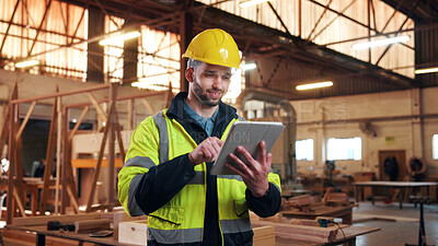 Buy stock photo Carpentry, tablet and man in warehouse for online planning, furniture restoration and inventory list. Workshop, carpenter and person on tech for material cost, quote and timber order for woodworking
