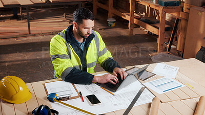 Buy stock photo Documents, laptop and man in workshop for construction contract, material supplier and carpentry. Paperwork, computer and person with inventory report, timber order and planning for wood production