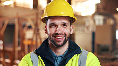Buy stock photo Portrait, engineer and happy man at construction site for development, about us or protection gear. Smile, person and professional architect with helmet for safety, pride and architecture industry