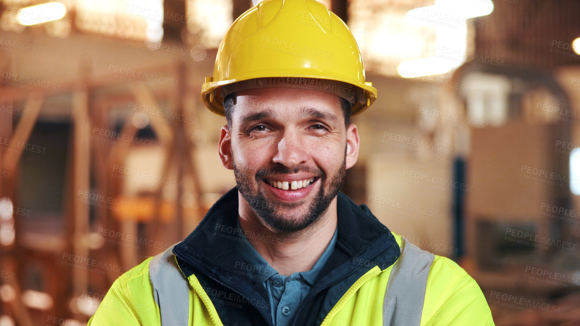 Buy stock photo Portrait, engineer and happy man at construction site for development, about us or protection gear. Smile, person and professional architect with helmet for safety, pride and architecture industry