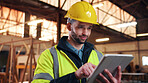 Carpentry, tablet and man in workshop for planning, furniture dimensions and online inventory list. Construction, carpenter and person on tech for material cost, quote or timber order for woodworking