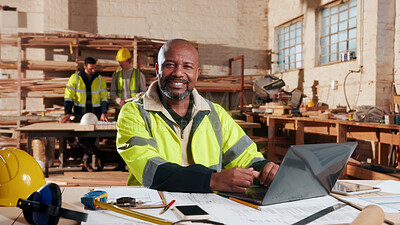 Buy stock photo Portrait, carpenter and happy man at factory with laptop, joinery manufacturing and about us. Smile, woodwork and mature professional in workshop, confidence or pride in furniture production industry