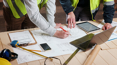 Buy stock photo Carpentry, blueprint and hands of people in workshop for planning, wood production and furniture design. Carpenter, team and men on tech for inventory, strategy and paperwork for woodworking project