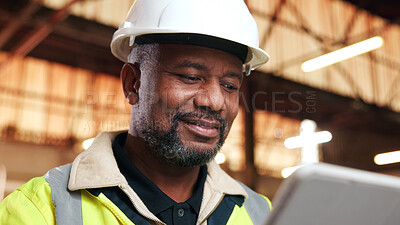 Buy stock photo Architect, research and happy man with tablet on construction site, reading and property development. Mature civil engineer, online and black person with tech, typing and building renovation on web