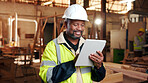 Carpentry, tablet and mature man in workshop for planning, furniture restoration or inventory list. Supervisor, carpenter and person on tech for material costs, quote and timber order for woodworking