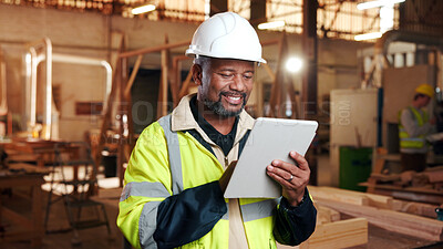 Buy stock photo Carpentry, tablet and mature man in workshop for planning, furniture restoration or inventory list. Supervisor, carpenter and person on tech for material costs, quote and timber order for woodworking