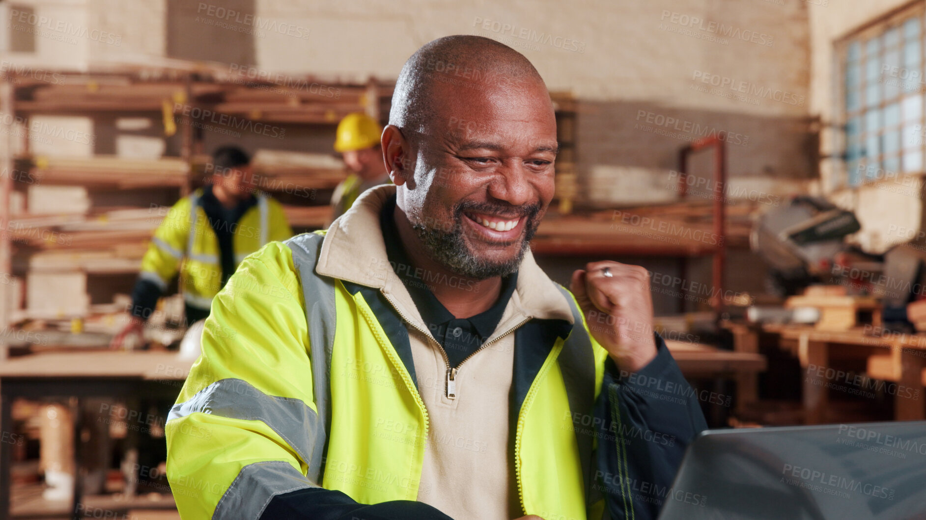 Buy stock photo Excited, carpenter and man with laptop in workshop, fist pump and design approval on web or success. Woodworking, mature person and celebration for project, achievement and good news on computer